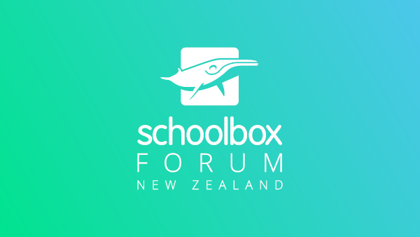 The text 'schoolbox FORUM NEW ZEALAND' and Schoolbox's white icon are put on a gradient green background