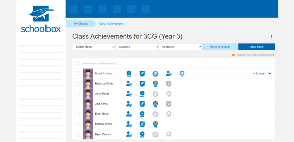 Schoolbox interface of a demonstrative list of year 3 students who have badges or achievements next to their names