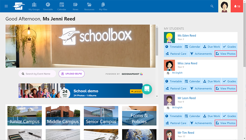 showing the parent experience when using geosnapshot in Schoolbox